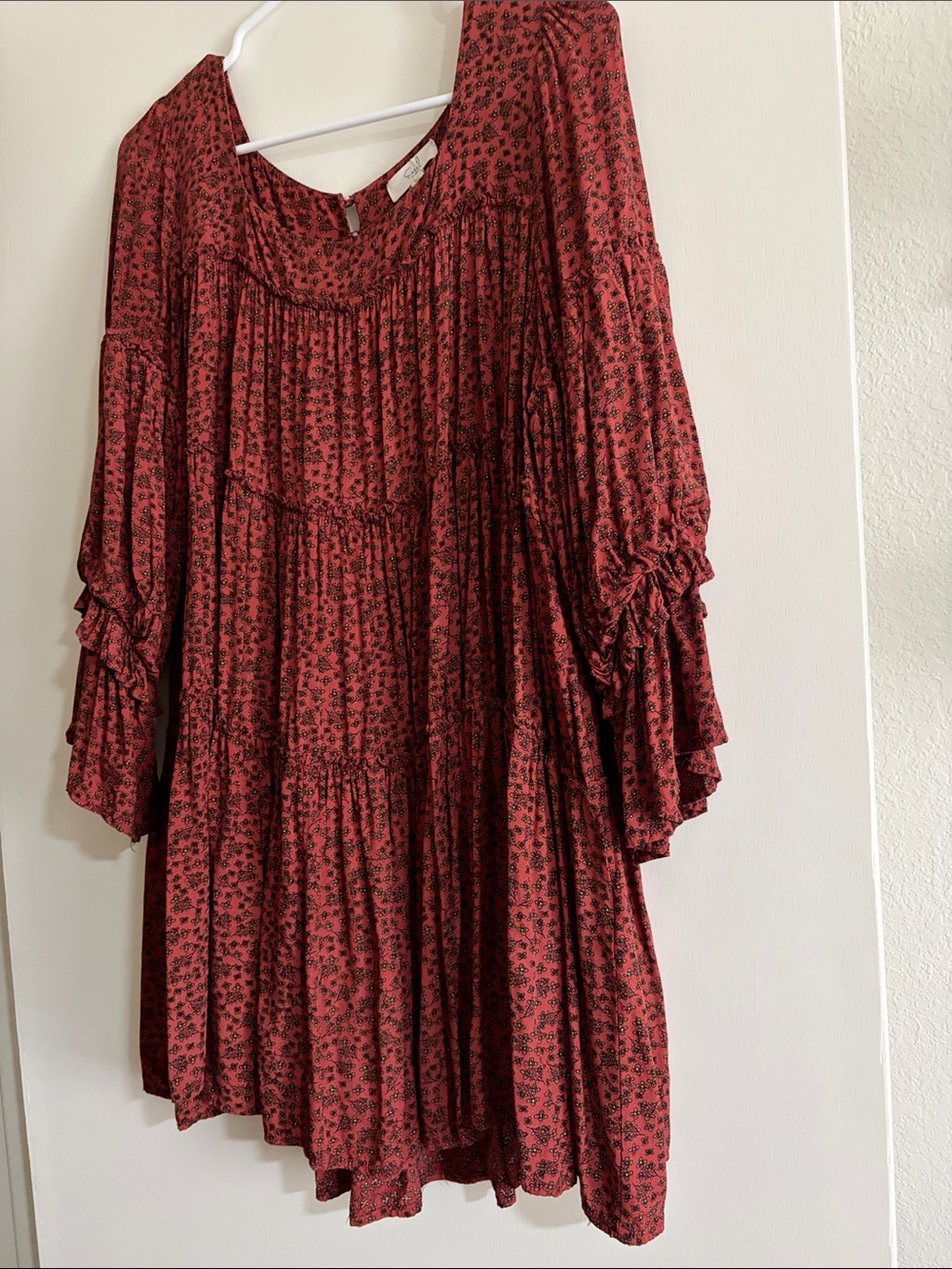 easel Rust Red Floral Tiered Boho Dress